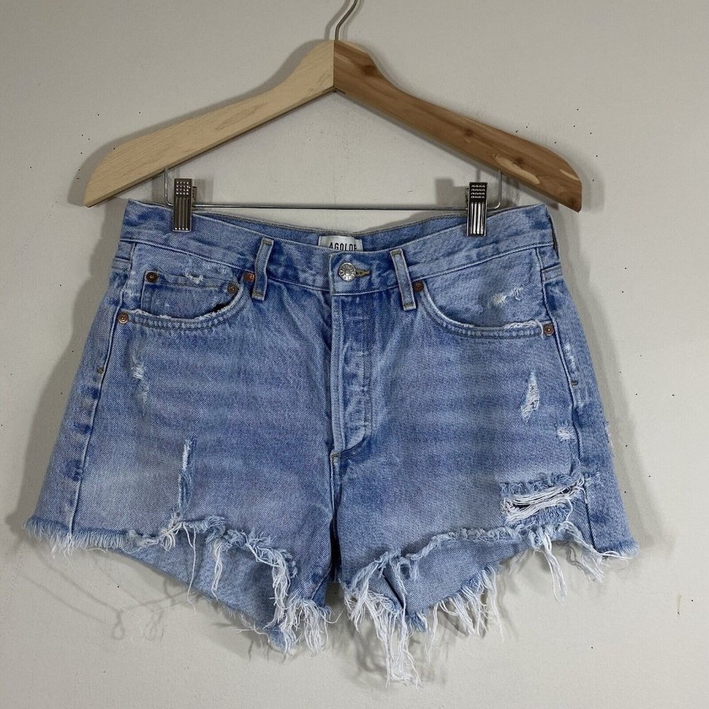 Agolde Women’s Button Fly Distressed Fringe Denim Shorts Size 28